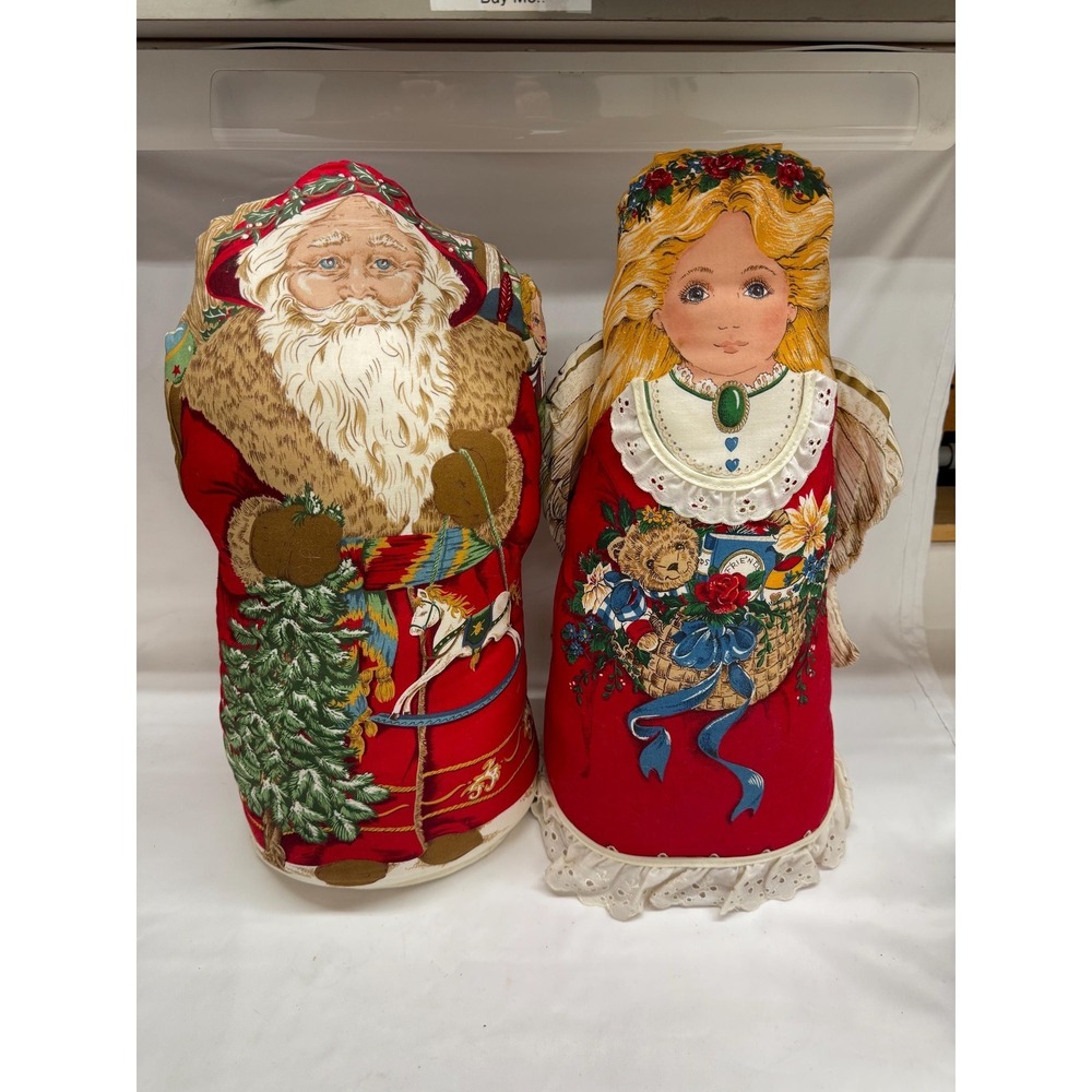 Vtg Fabric Father Christmas & Christmas Angel Stuffed Pillows Freestanding 18"